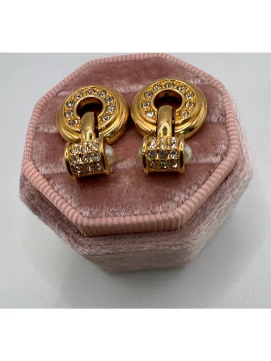 Swarovski Door Knocker Earrings Gold Tone Rhinestone Dangle Signed VTG Pierced - Picture 2 of 7